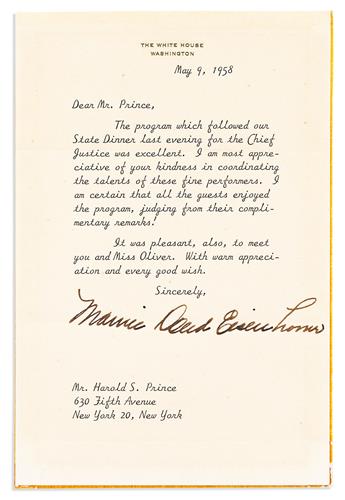 EISENHOWER, DWIGHT D. AND MAMIE. Two Typed Letters Signed, each by one, as President or First Lady, to Harold Prince, each thanking for